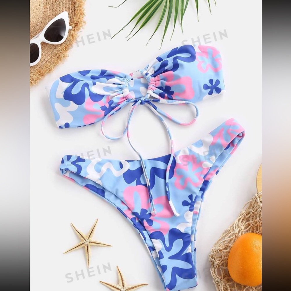 Blue , Pink , Flower Bathing Suit With Lace Cover Up
